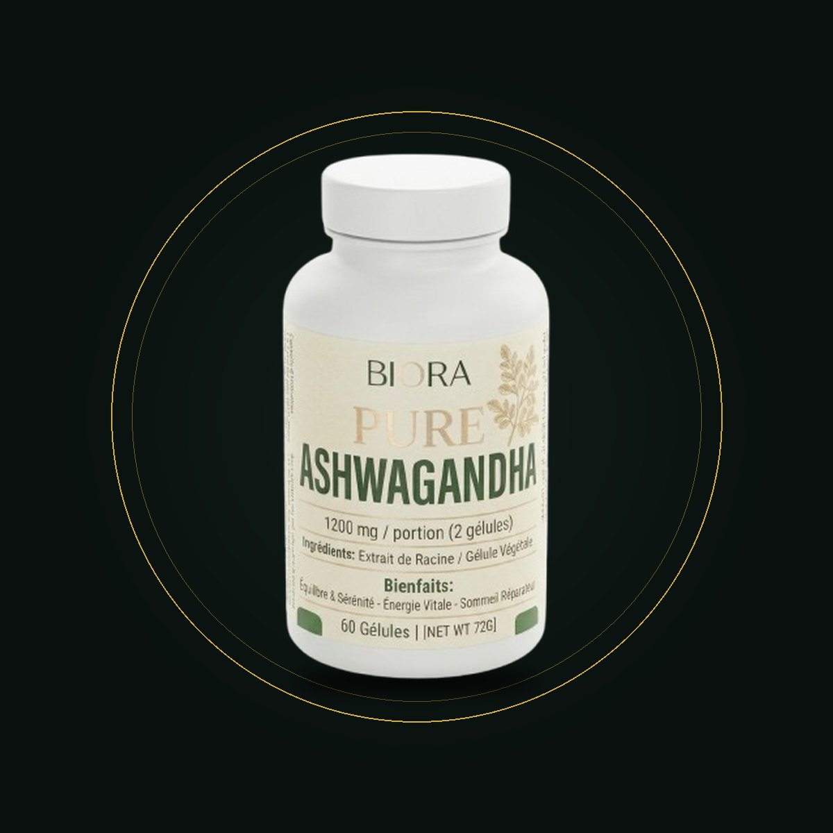 Flacon BIORA Pure Ashwagandha, 60 gélules, 1 200 mg par portion